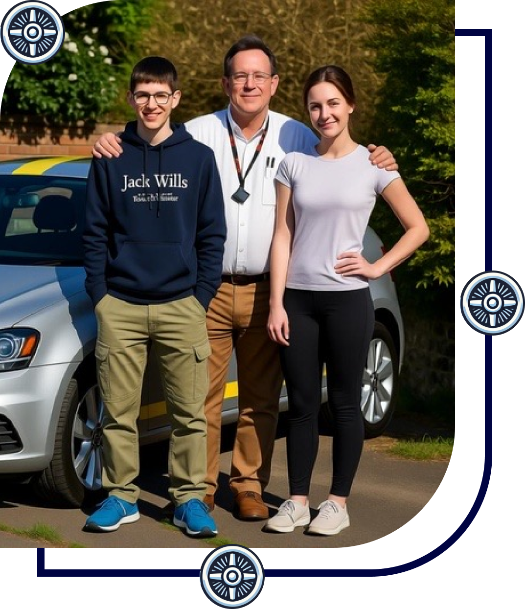 a trustworthy looking man in his early 50s stood between his two teenage kids, next to a VW polo driving school car